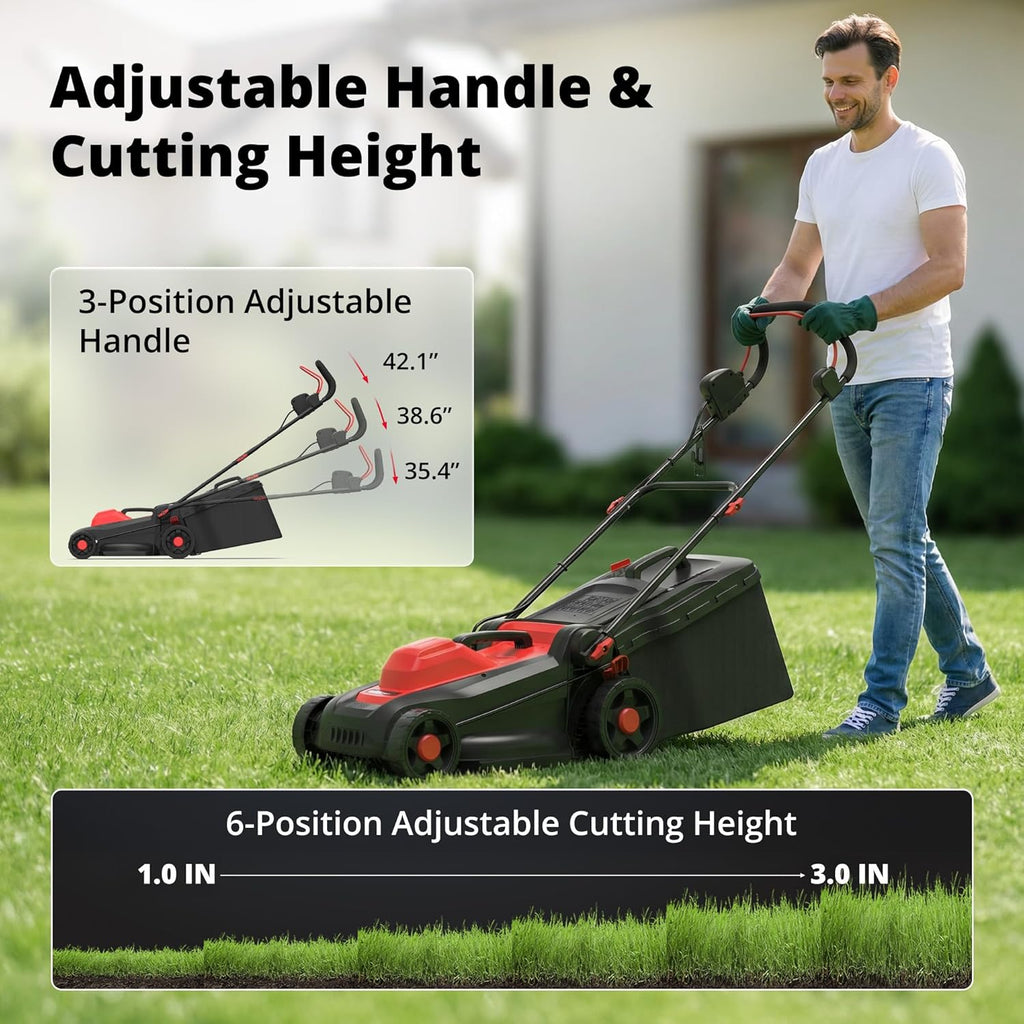 AMERISUN 14-Inch 2IN1 Electric Lawn Mower, 12.5 Amp 3400RPM Corded Push Mower with 6-Position Height Adjustment, 10-Gallon Grass Catcher & Mulching Kit, Lightweight Lawn Mower for Small/Medium Yards