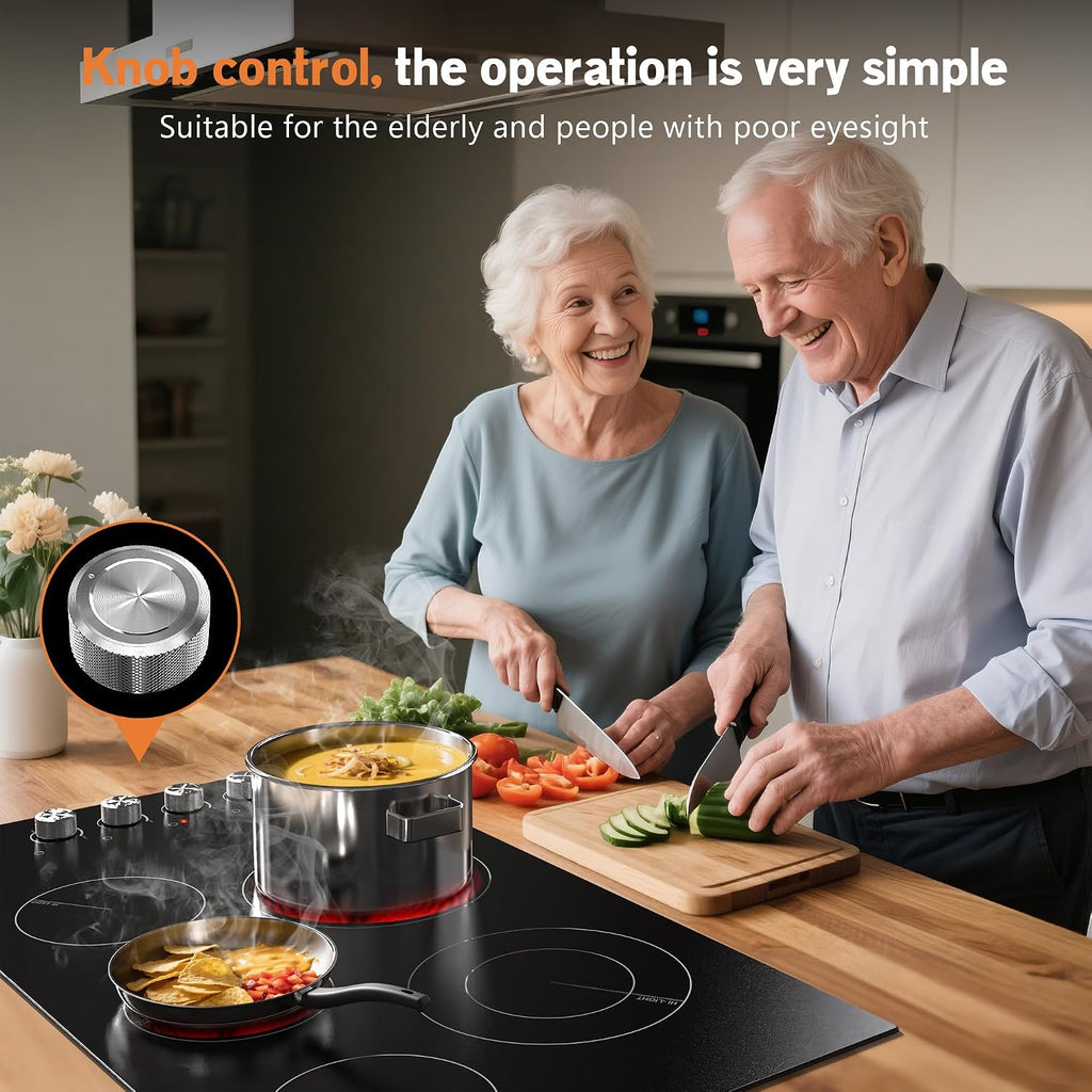 Karinear 36' Electric Cooktop 5 Burners, Knob Control Electric Stove Top, 9 Power Levels, Residual Heat Indicator, 8400W, 40A, 240V Hardwire(Sliver)