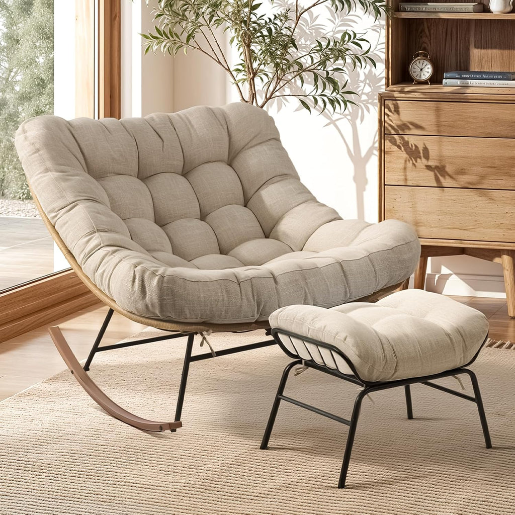 Bme Outdoor and Indoor Patio Rocking Chair with Ottoman, Wood Texture Rocker with Beige Cushion, 7'' Thick, 400lbs Capacity, Sturdy Construction, Ergonomic Design, Quick Assembly, Floor ensureor