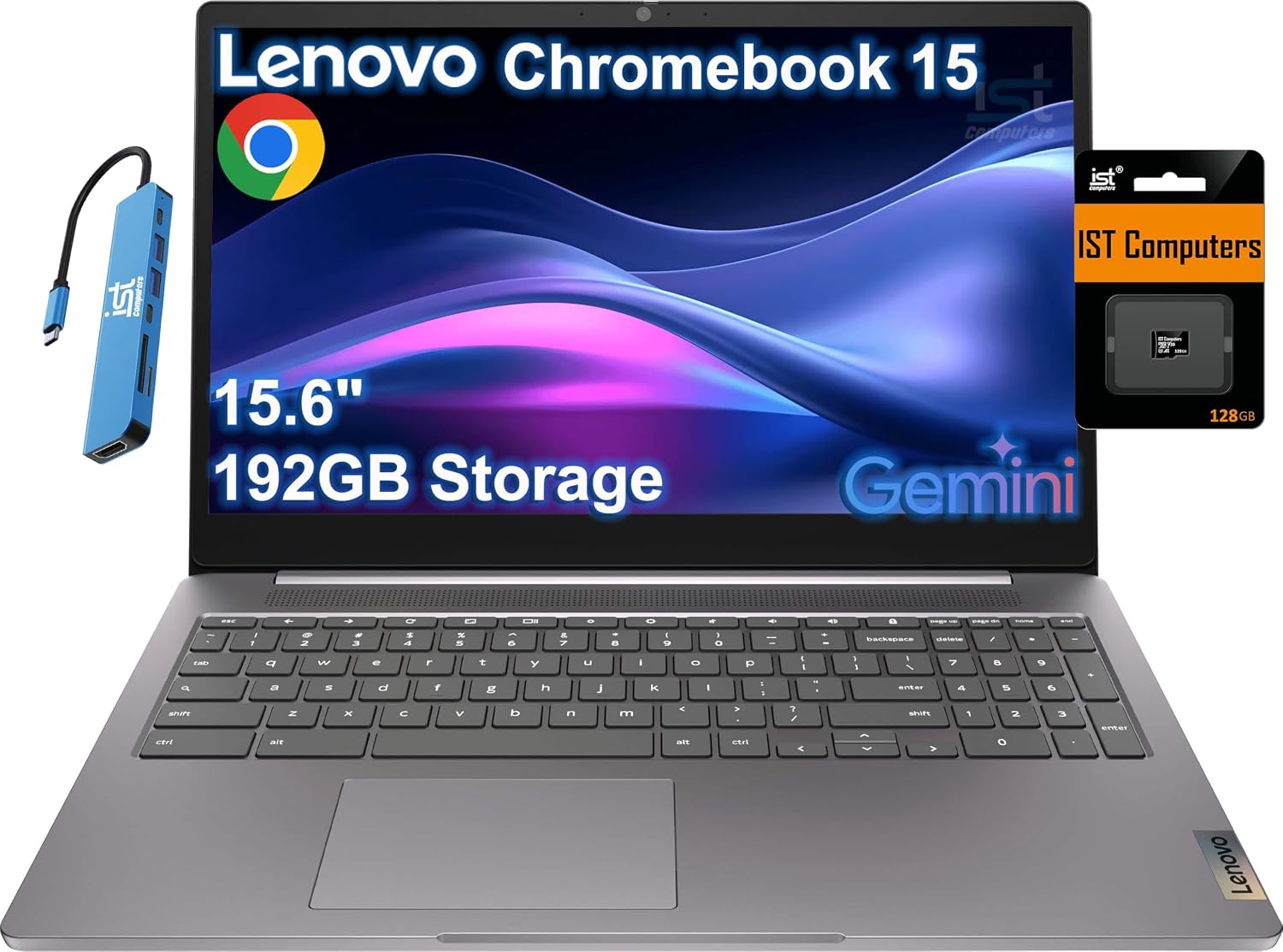 Lenovo Chromebook 15 IdeaPad 3i (15.6' FHD, 4GB RAM, 192GB Storage (64GB eMMC + 128GB SD Card), Intel Celeron N4500) Home & Student, 10-Hour Long Battery Life, HD Webcam, IST HUB, Wi-Fi 6, Chrome OS