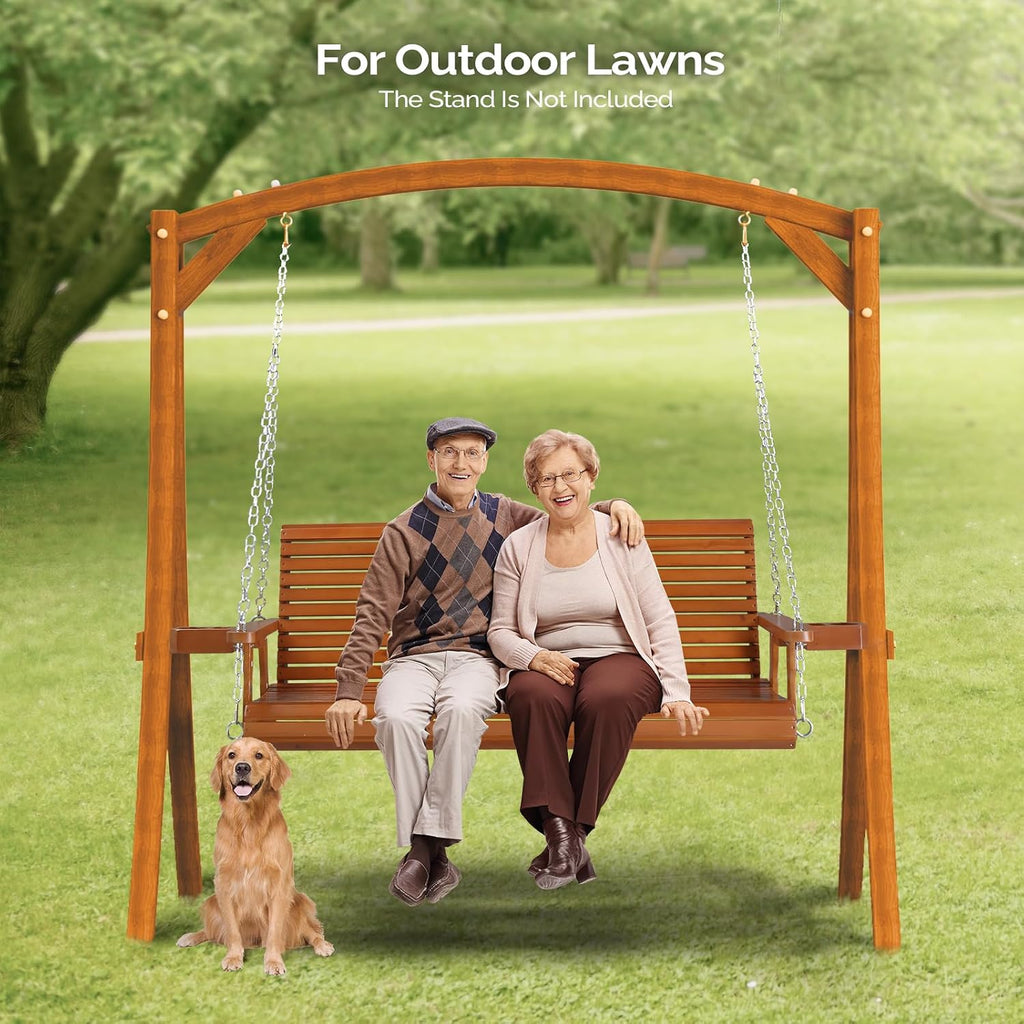 VINGLI XL Size Patio Wooden Porch Swing Outdoor with Cup Holders & Phone Slots, Heavy Duty 880 LBS Hanging Swing Chair Bench with Hanging Chains for Yard, Lawn, Garden (5 FT Pro, Brown)