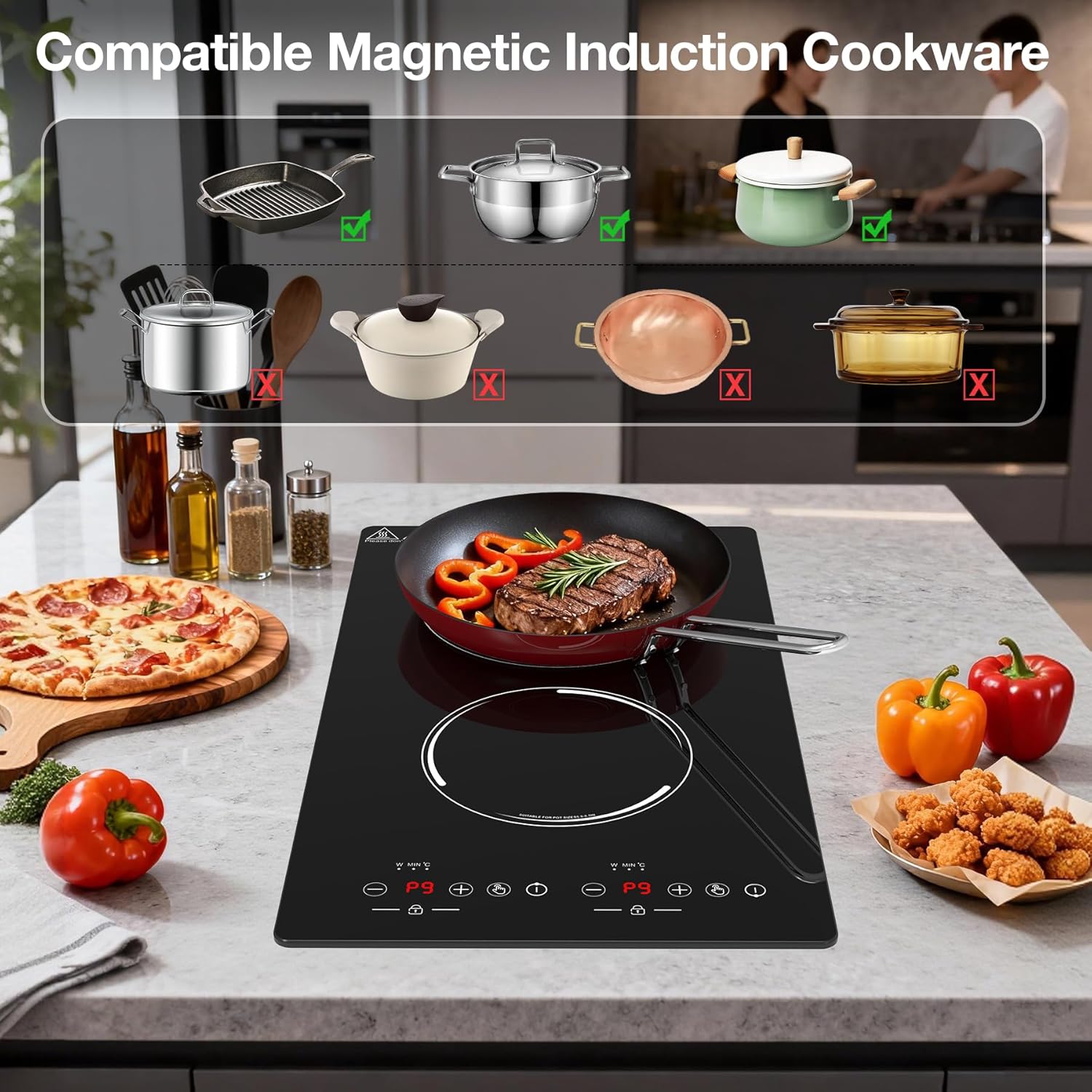 Double Induction Cooktop, Portable Induction Stove Hot Plate with 9-Level Touch Control, Safety Lock, Auto Shutoff Timer Setting, Overheating Protection for Apartments, RVs, Camping
