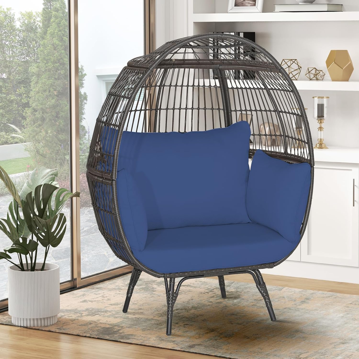 Giantex Oversized Wicker Egg Chair, Outdoor & Indoor Hammock Chair with Thick Cushions, 2-Person PE Rattan Lounge Chair Swing Chair for Patio, Backyard,Porch, 450 LBS Weight Capacity (Dark Blue)