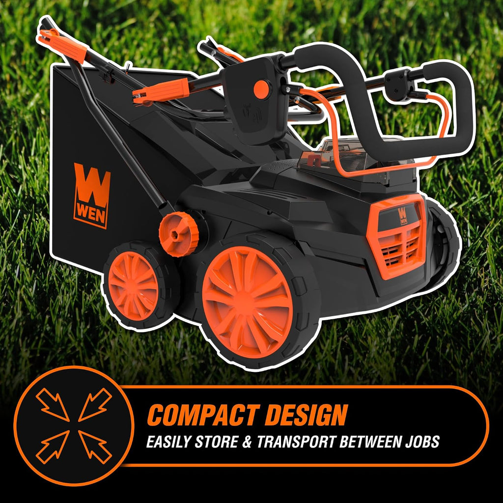 Wen 20V Max Cordless 15-Inch 2-in-1 Brushless Electric Dethatcher and Scarifier with Collection Bag, Two 4.0 Ah Batteries, and Dual-Port Charger (20716)