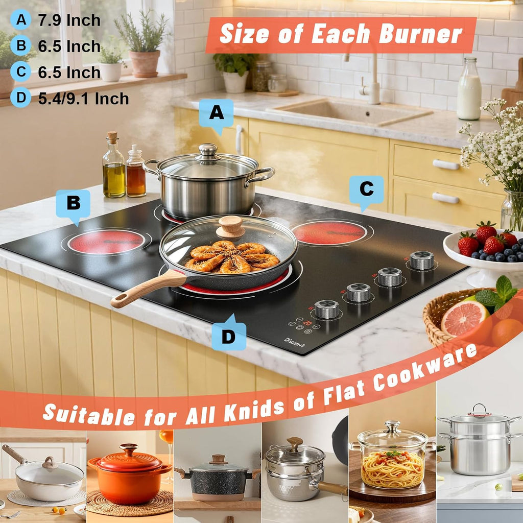 30 Inch Electric Cooktop 4 Burner - Built-in(29.13'x19.3') Ceramic Stovetop 6700W, 30' Electric Cook Top with Timer, Safety Lock, Pause, Dual Ring, 220V - 240V Hard Wired (Black-Sliver Knob)