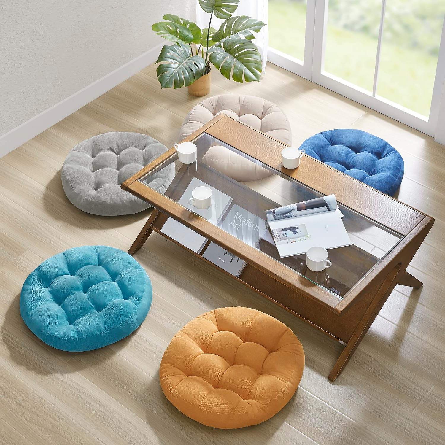 Degrees of Comfort Floor Cushion 6 Pack for Meditation, Office & Classroom – Corduroy Soft Seating Set, 22 Inch, High-Density Foam, Round Shape, Beige