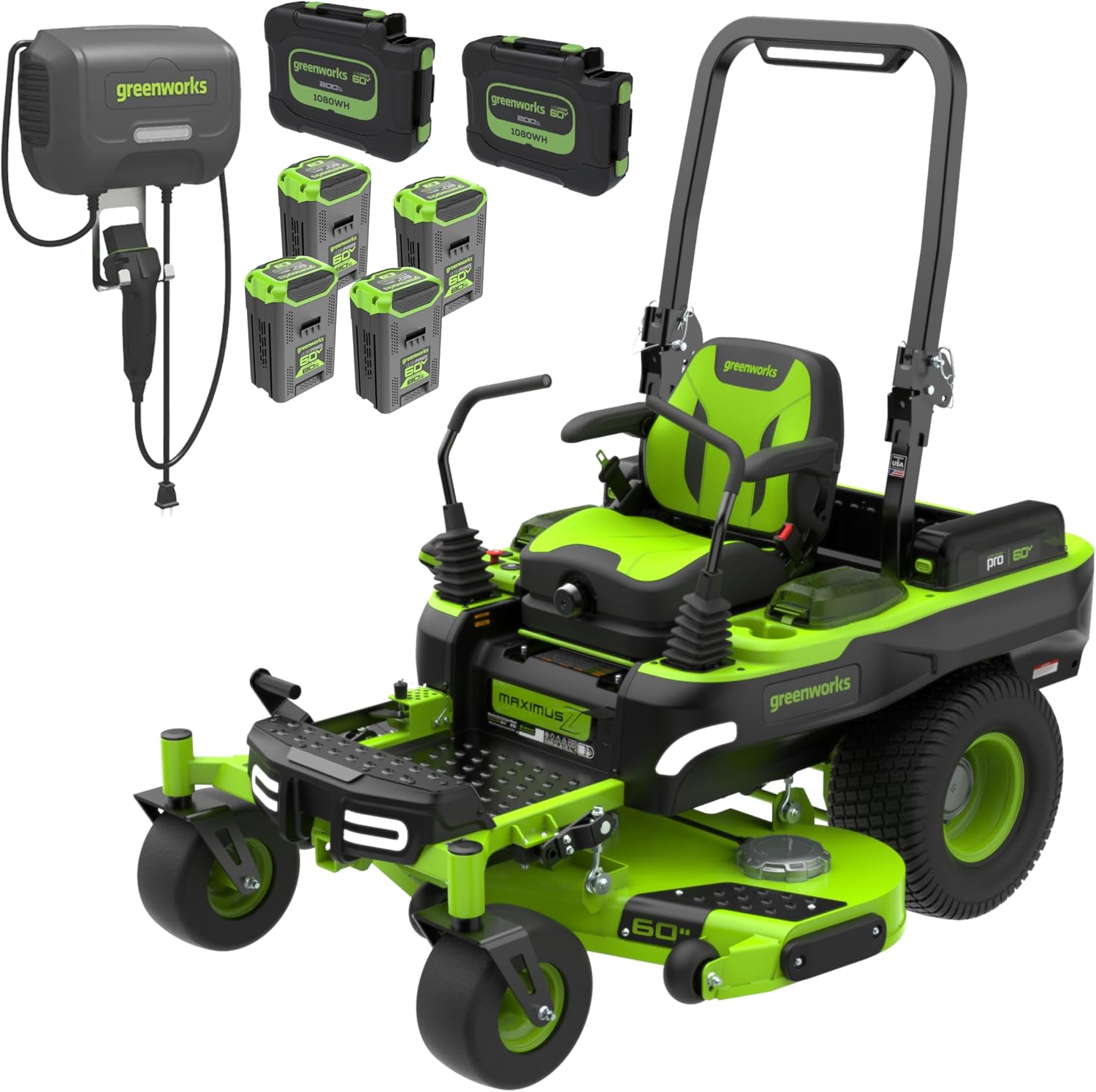 Greenworks 60V 60' Zero Turn, (2) 20.0Ah + (4) 10.0Ah Batteries + Wall Charger