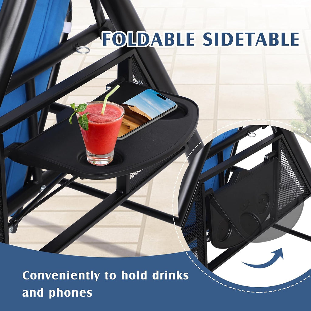 Grepatio 3-Seat Outdoor Porch Swing with Adjustable Canopy, 3 Person Convertible Porch Swing Bed with Stand, Heavy Duty Patio Swing with Cup Holder and Pillows, Cushion for Garden, Poolside (Blue)