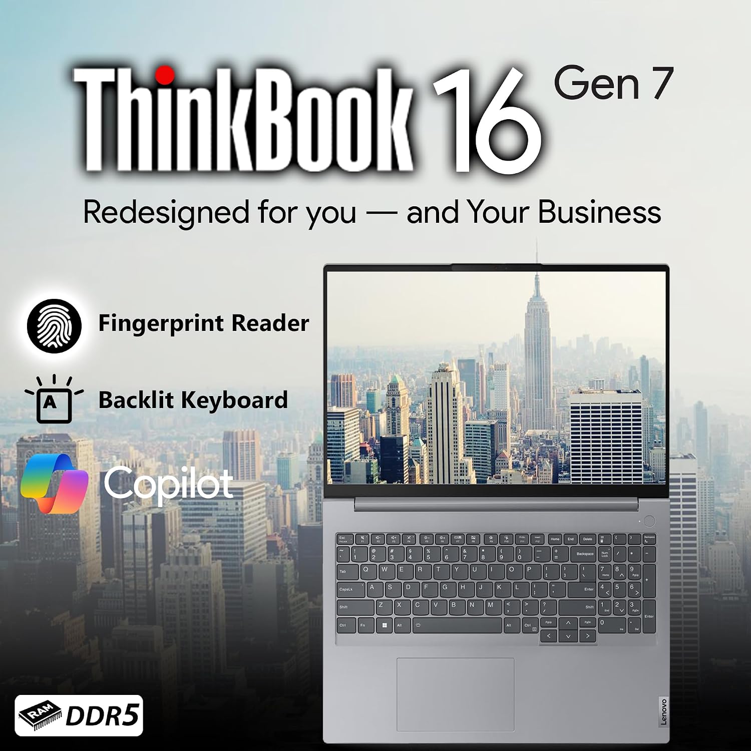 Lenovo ThinkBook 16 G7 Business Laptop, 16' FHD+, AMD Ryzen 7 7735HS, 32GB DDR5, 1TB NVMe, WiFi 6E + BT, Backlit KB, Fingerprint Reader, HD Webcam, Win 11 Pro