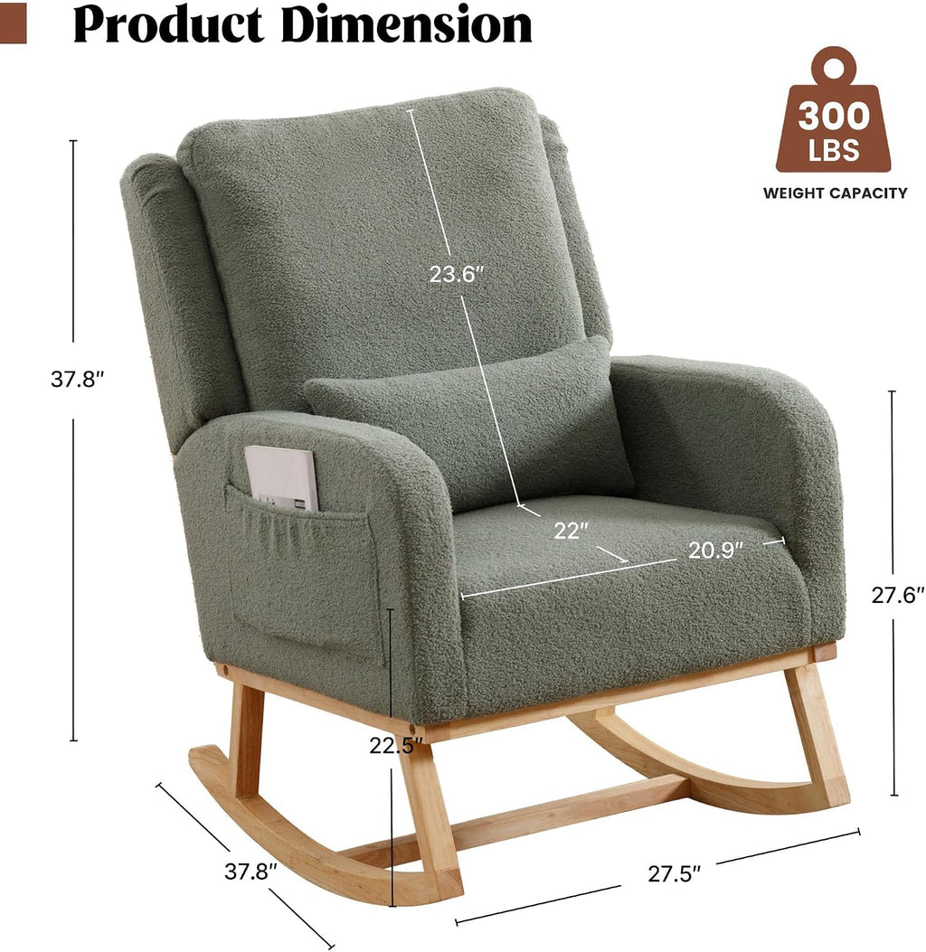 HCHAIRH Rocking Chair Nursery, Teddy Nursing Rocking Chairs, Upholstered Nursery Glider Rocker for Mom Nursery Morden Accent Rocking Chair with Lumbar Pillow for Living Room,Bedroom, Green