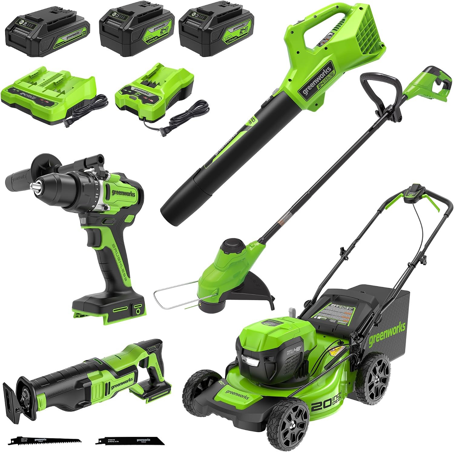 Greenworks 48V (24V x 2) Lawn Mower Combo Kit with 20' Push Mower, 12' String Trimmer, 320 CFM Blower, and Brushless 1/2' Drill Driver, and 1-1/8' Reciprocating Saw Ideal for Yard & Indoor