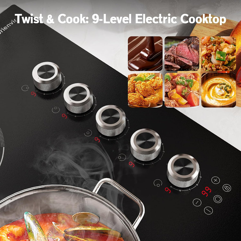 30 Inch Electric Cooktop 5 Burner Karienvir, 8600W Built-in Electric Stove Top, Cooktop 30' with Double-ring Burner, Knob & Touch Control, 9 Power Levels, Timer, Safety Lock, 220V-240V Hard Wire
