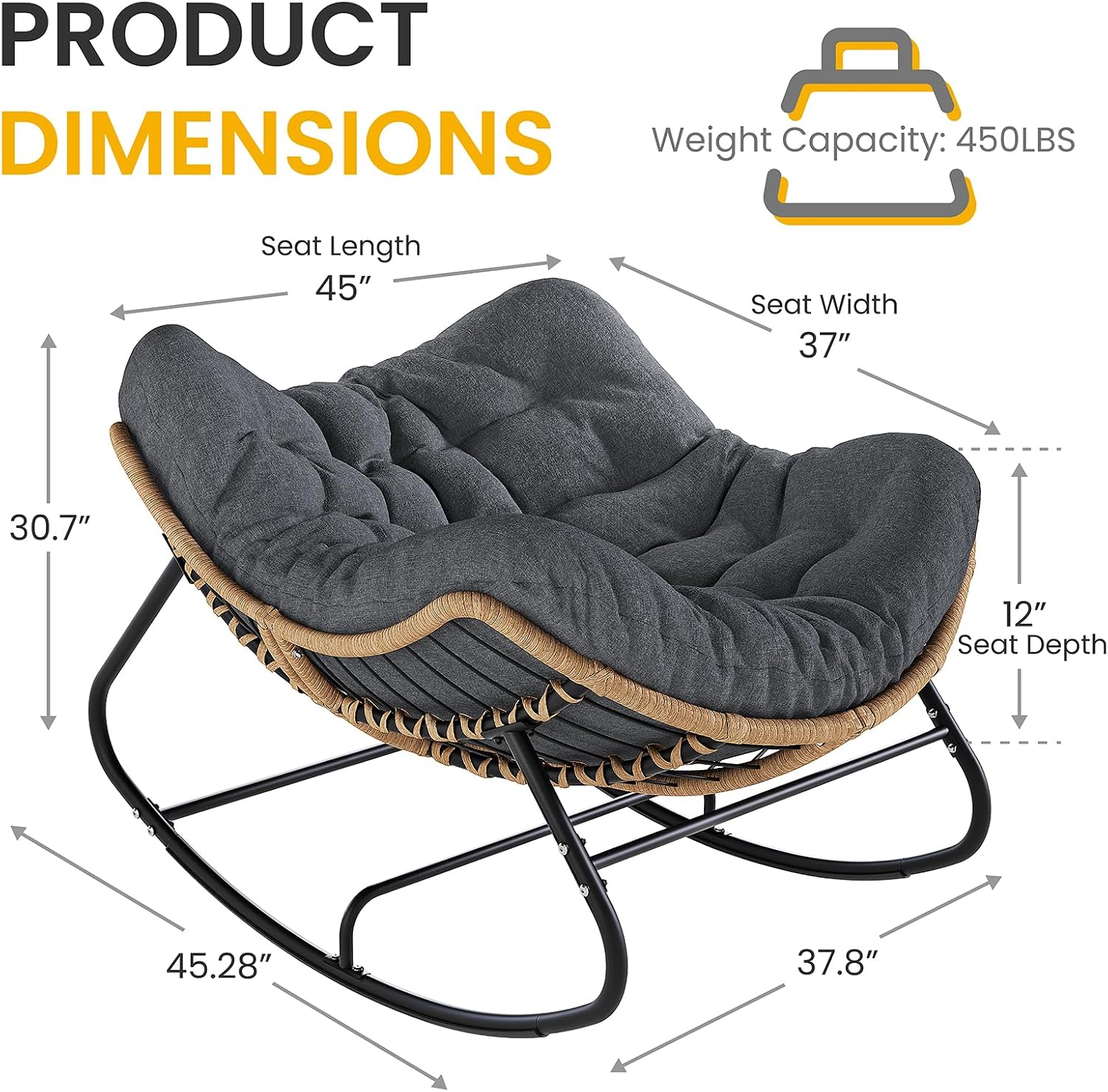 Oversized Papasan Rocking Chair Outdoor, Comfy Wicker Patio Papasan Egg Rocker with Thick Cushion for 450 lbs, Indoor Lounge Reading Chair for Living Room, Porch, Garden, Balcony-Dark Gray