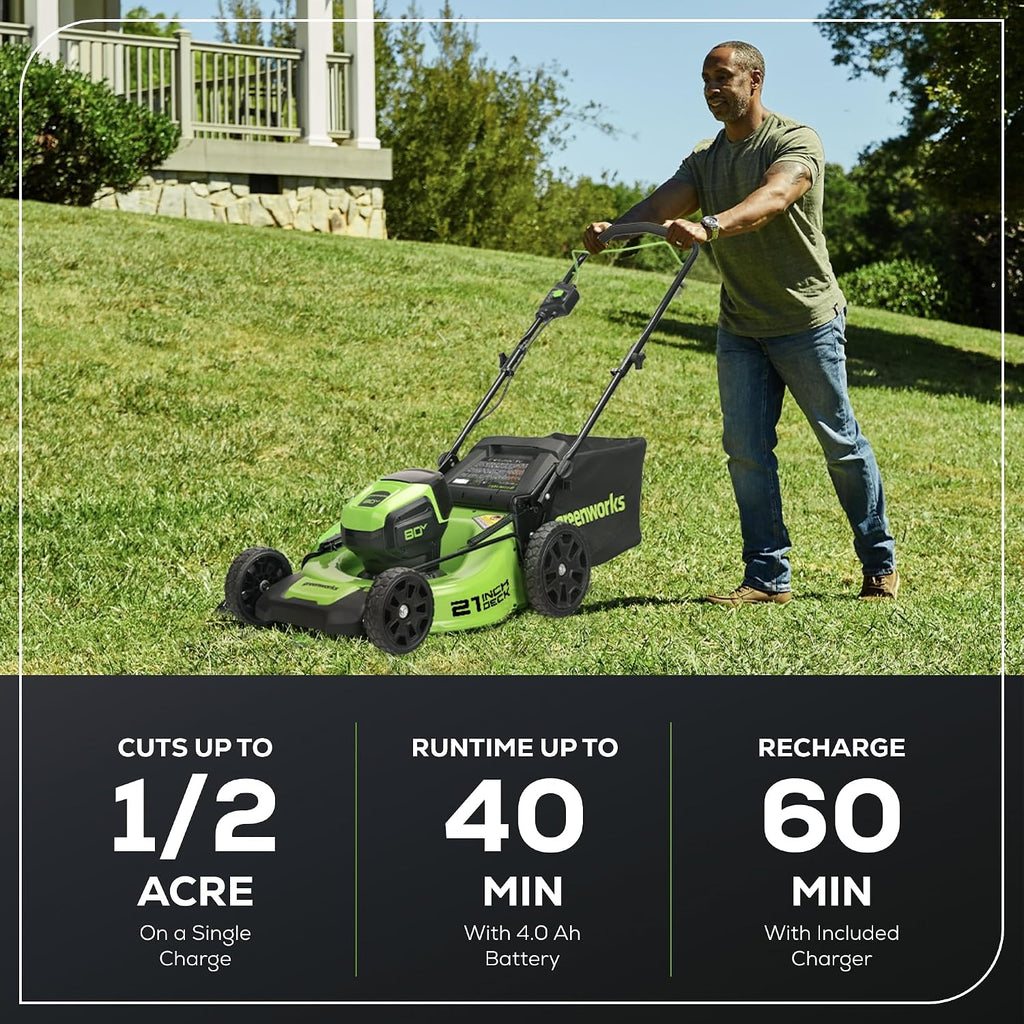 Greenworks 80V 21' Brushless Cordless (Push) Lawn Mower (75+ Compatible Tools), 4.0Ah Battery and 60 Minute Rapid Charger Included