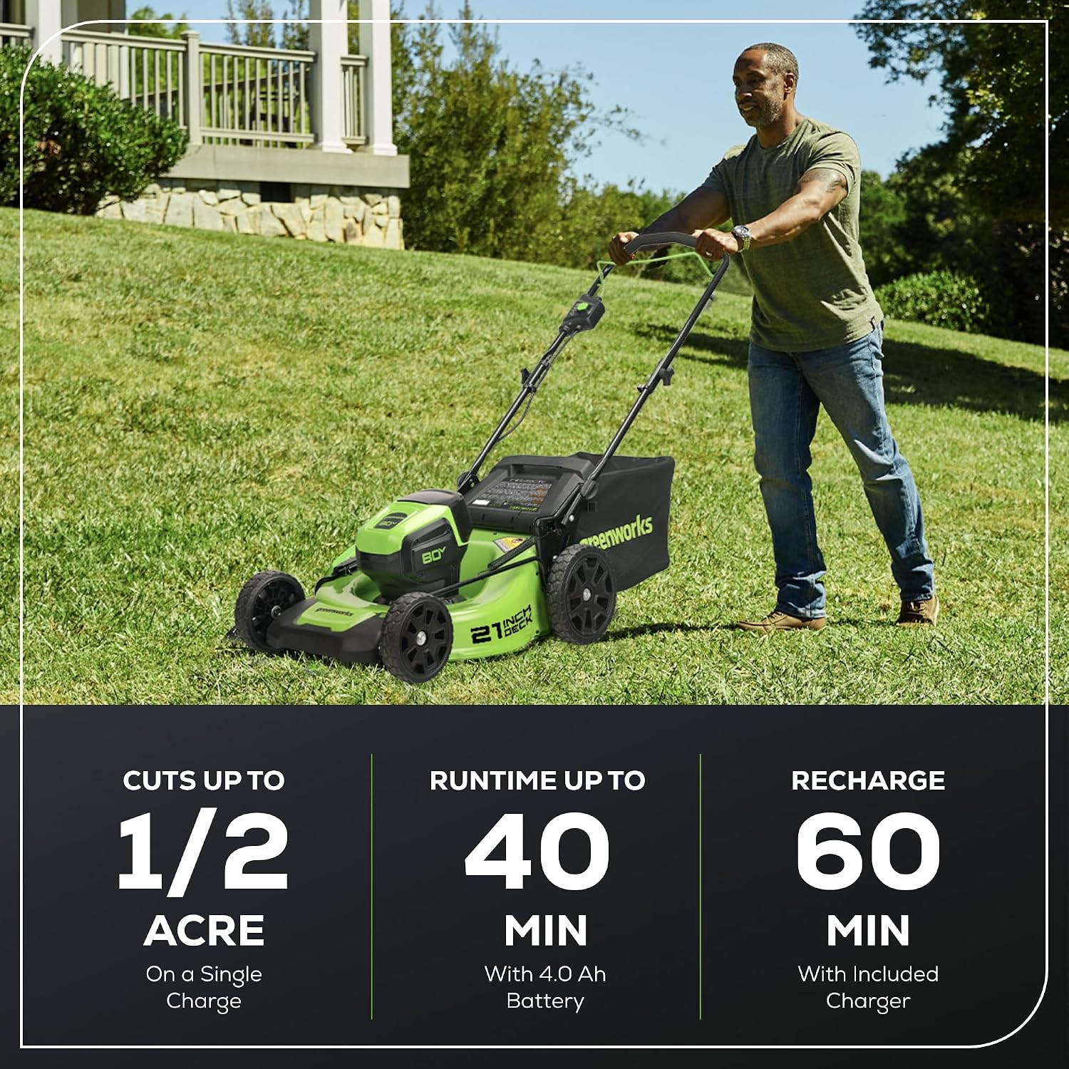 Greenworks 80V 21' Brushless Cordless (Push) Lawn Mower (75+ Compatible Tools), 4.0Ah Battery and 60 Minute Rapid Charger Included