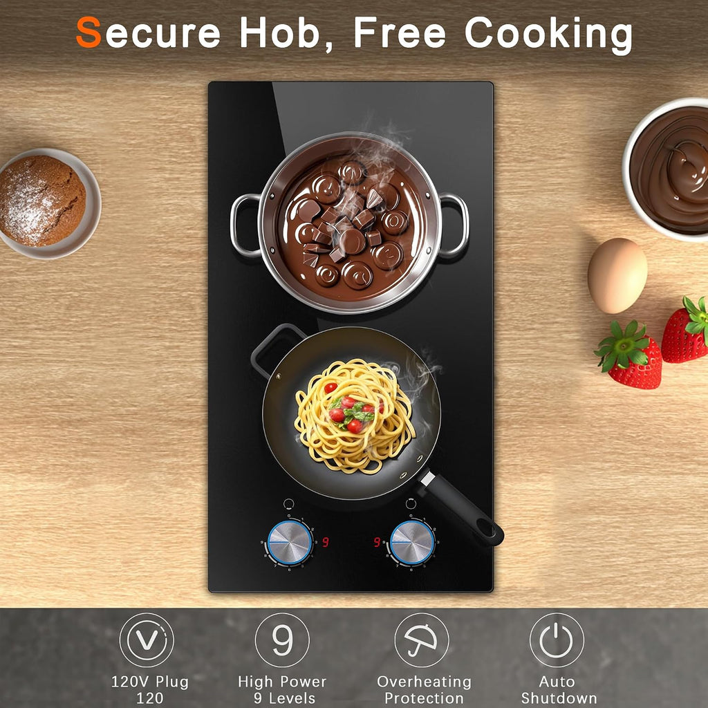 2 Burner Electric Cooktop 120V, 12 Inch Stove Top Burner 2000W, Double Burner Electric Stove with Knob Control, 9-Level Heat, Overheat Protection, High-Temp Alarm, 120V UL Plug
