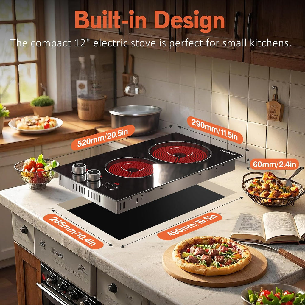 2 Burner Electric Cooktop 110V with Plug Karienvir, 2000W Electric Stove Knob & Touch Control, 12 Inch Stove Top Bunrer, 9 Power Levels, Safety Lock, Timer, Pause Function