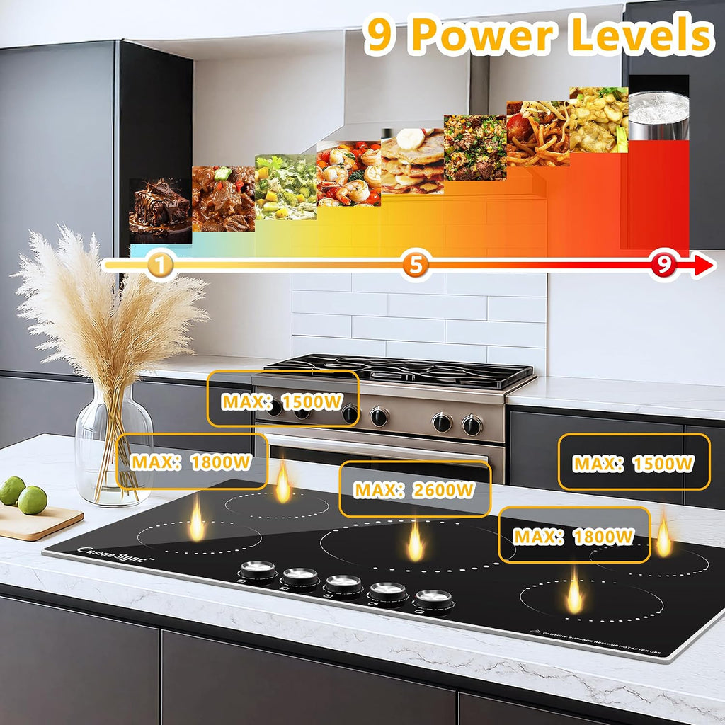 36 Inch Induction Cooktop, 5 Burner Electric Cooktop with 9 Power Levels, Knob Control, Auto shutdown and Residual Heat Warning, 9200W, 220-240V for Hard Wire