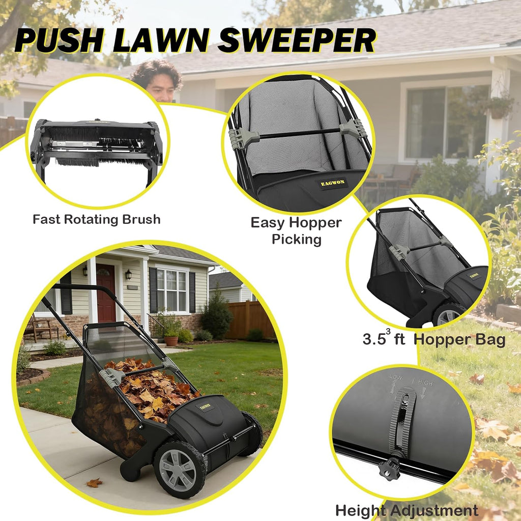 Push Lawn Sweeper, 21-Inch Width, 3.5 Cu. Ft. Hopper Capacity, 4 Spinning Brushes, Adjustable Height, Durable Steel Frame with Rubber Wheels, Black