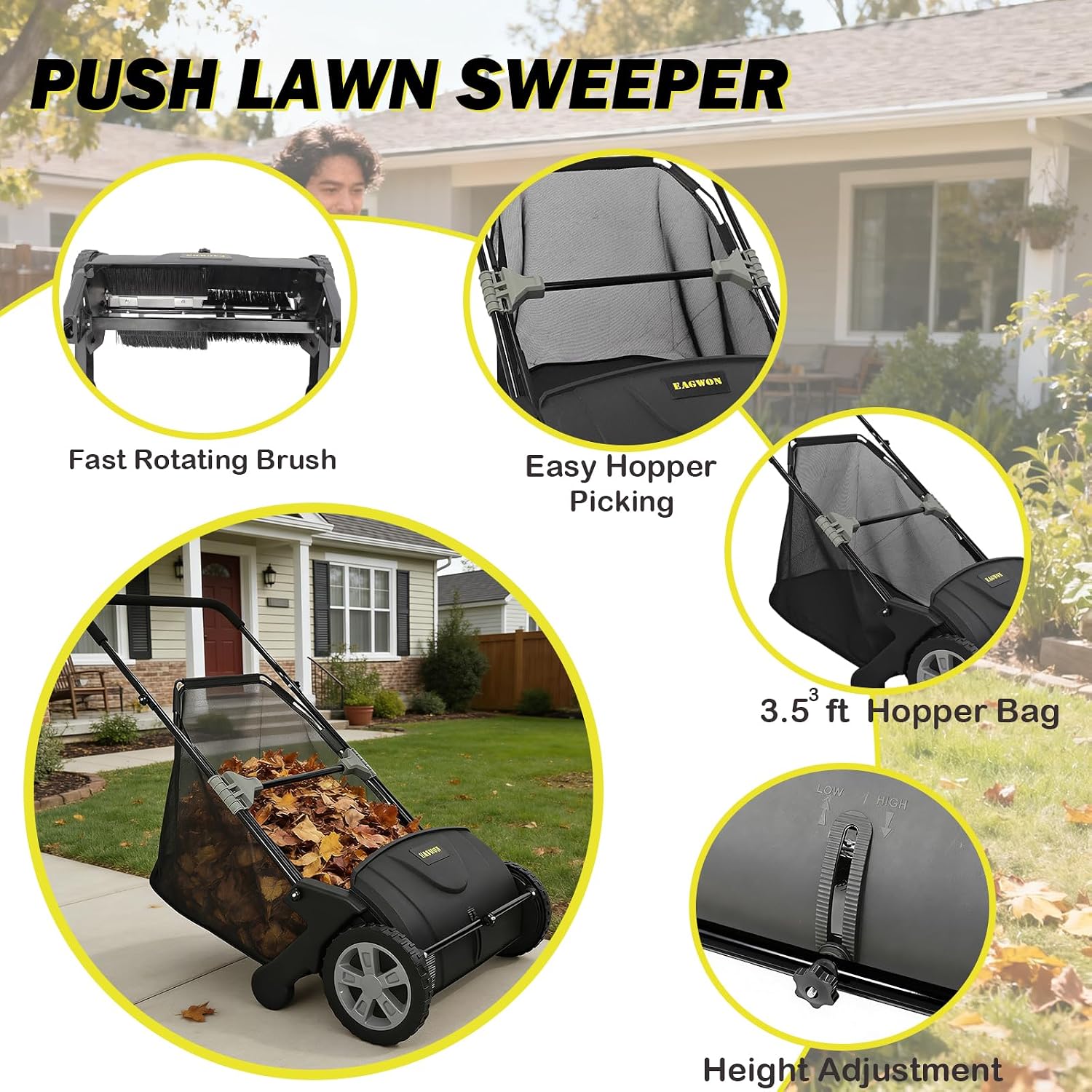 Push Lawn Sweeper, 21-Inch Width, 3.5 Cu. Ft. Hopper Capacity, 4 Spinning Brushes, Adjustable Height, Durable Steel Frame with Rubber Wheels, Black