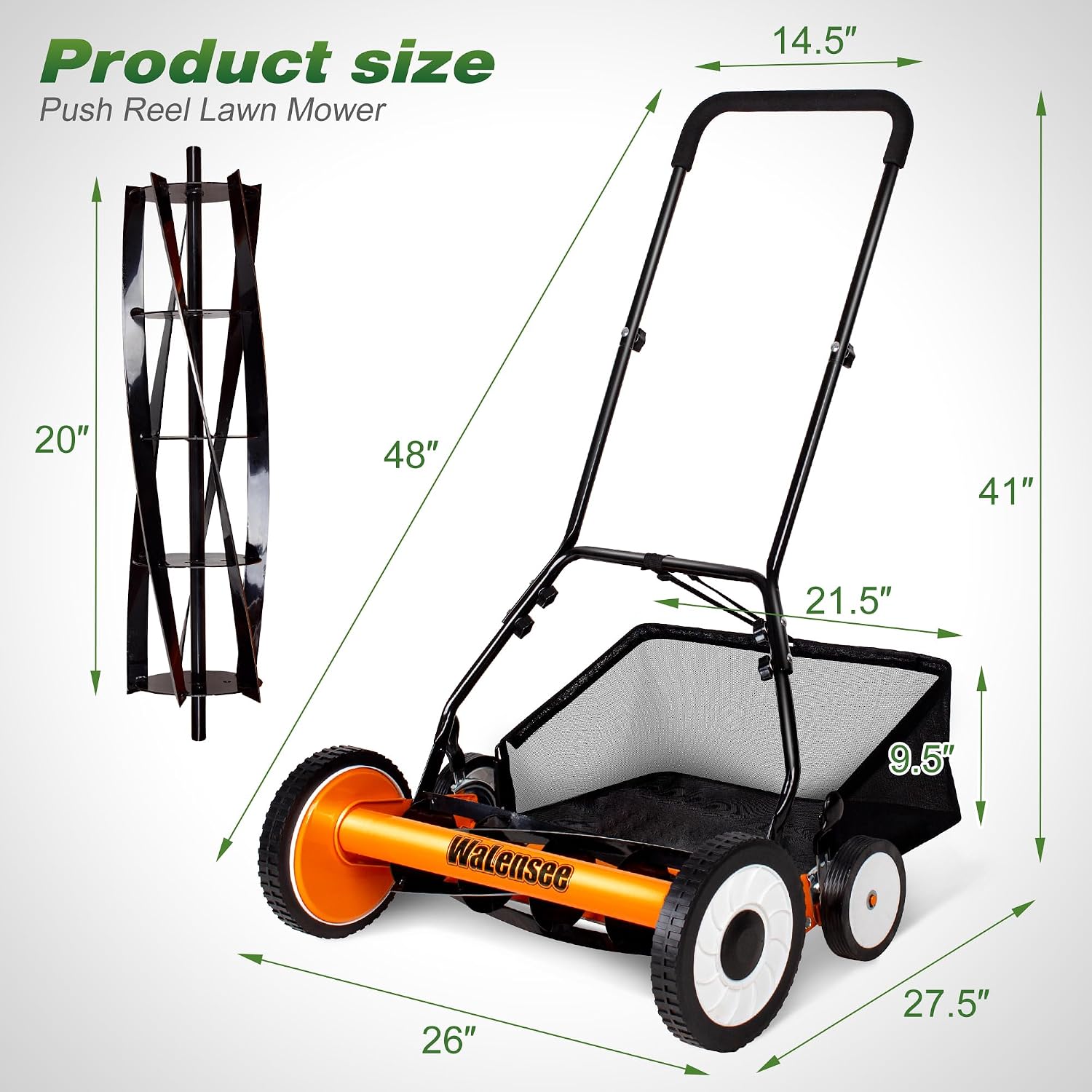 Walensee 20-Inch 5-Blade Push Reel Lawn Mower, Cordless Manual Reel Lawn Mower Walk-Behind Steel Lawn Mowers with Removable 11.8-Gallon Grass Catcher, Sponge Grip, 9-Position Cutting Height Adjustment