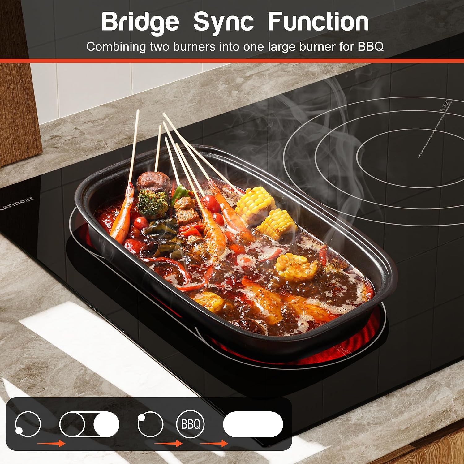 Karinear 36 Inch Electric Cooktop, Flexible Bridge &Triple Ring Expandable Burners, Pause, Timer, Child Safety Lock, 9600W Built-in Ceramic Cooktop