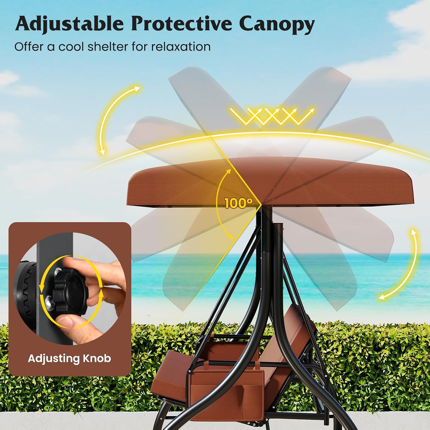 Tangkula 3 Person Porch Swing, 2-in-1 Convertible Outdoor Swing with Adjustable Canopy, Removable Cushions, Metal Frame, Side Pockets for Backyard, Garden, Porch (Brown)