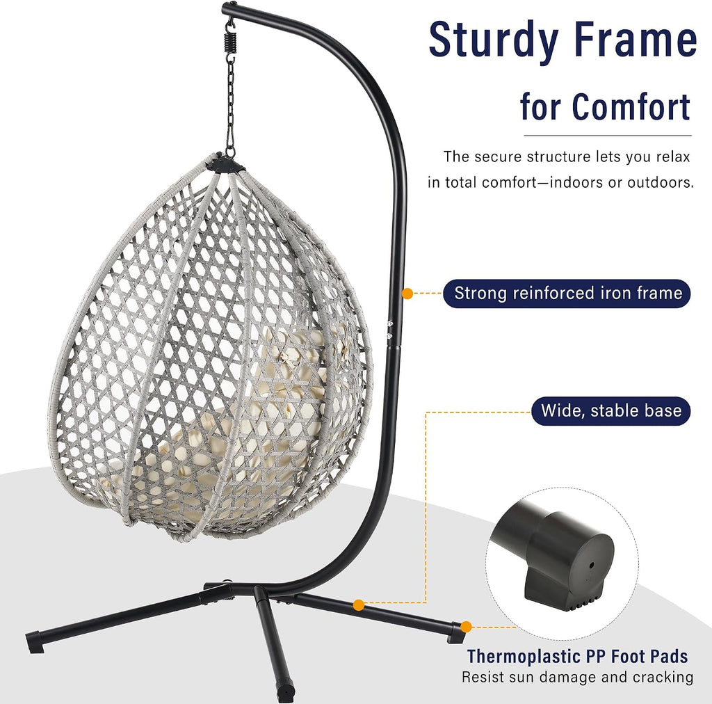 Single Hammock Chair with Stand Durable Hanging Egg Chair with Rattan Weaving, Indoor Outdoor Swing Chairs with Soft Removable Cushion for Balcony, Bedroom, Patio, or Garden, Grey+Beige