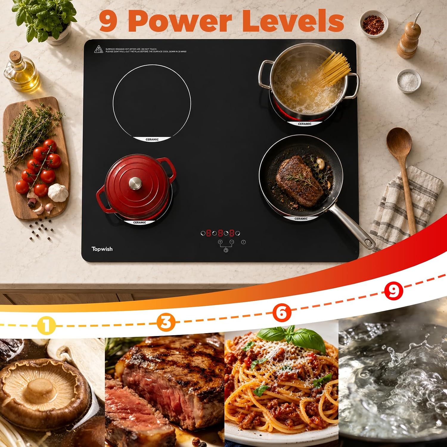 TOPWISH 24 Inch Electric Cooktop, 4 Burners Built-in Electric Stove Top Hot Plate, 6000W Drop-in Ceramic Cooktop Kitchen Stoves with Touch Control, Safety Lock, Timer, 220-240v (Hard Wired No Plug)