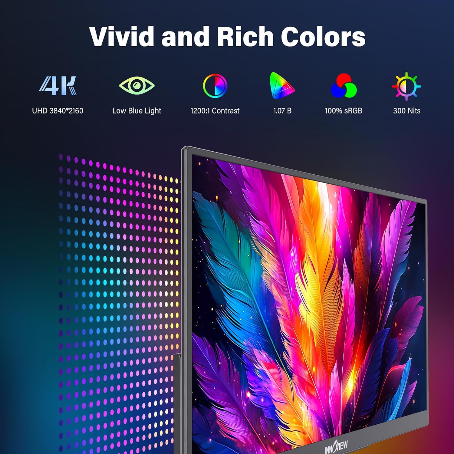 InnoView 15.6' Portable Monitor 60Hz 4K UHD 3840x2160 | 100% sRGB HDR | Travel Monitor with 2 USB-C & HDMI Ports | Second Screen for Laptop Mac PC Xbox PS5 Switch (Includes Adapter)