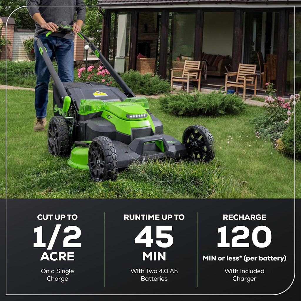 Greenworks 40V 25' Brushless Cordless (Self-Propelled) Lawn Mower (75+ Compatible Tools), (2) 4.0Ah Batteries and Dual Port Rapid Charger Included