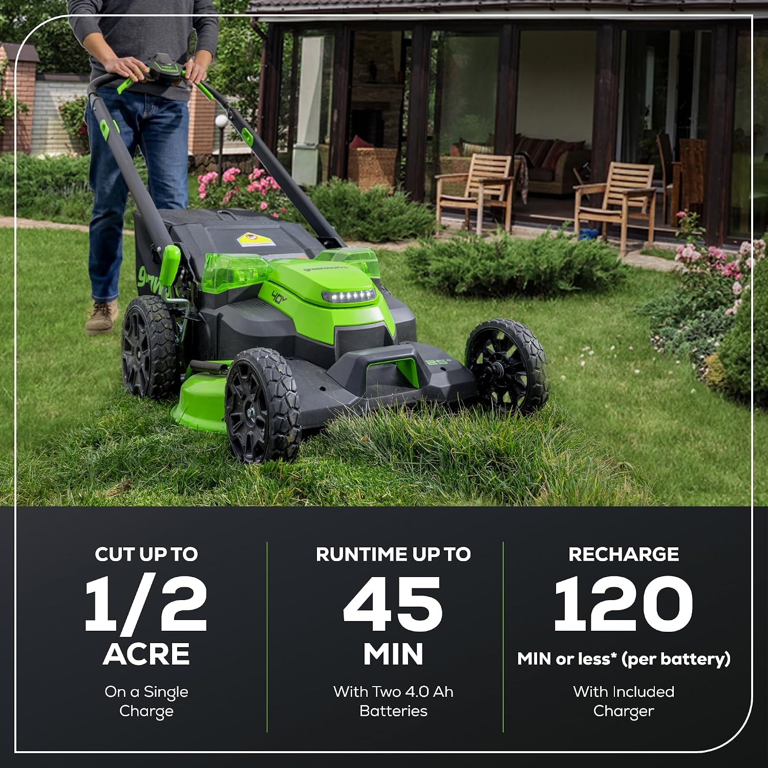 Greenworks 40V 25' Brushless Cordless (Self-Propelled) Lawn Mower (75+ Compatible Tools), (2) 4.0Ah Batteries and Dual Port Rapid Charger Included