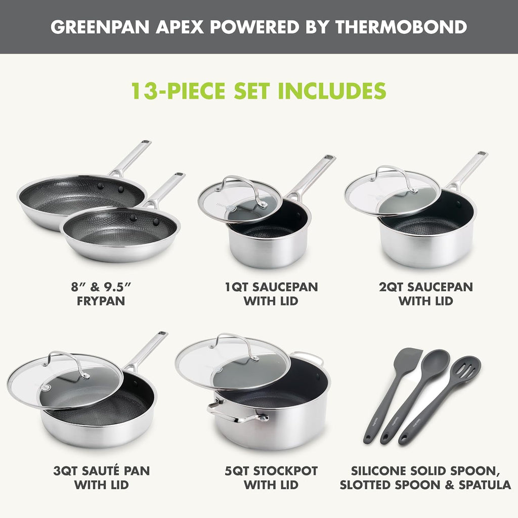 GreenPan Hybrid 13 Piece Nonstick Stainless Steel Cookware Set, APEX Tri-Ply Thermobond PFAS-Free Ceramic Pots & Pans, Induction & All Cooktop Compatible, Oven Temp to 850°F, Dishwasher Safe, Silver