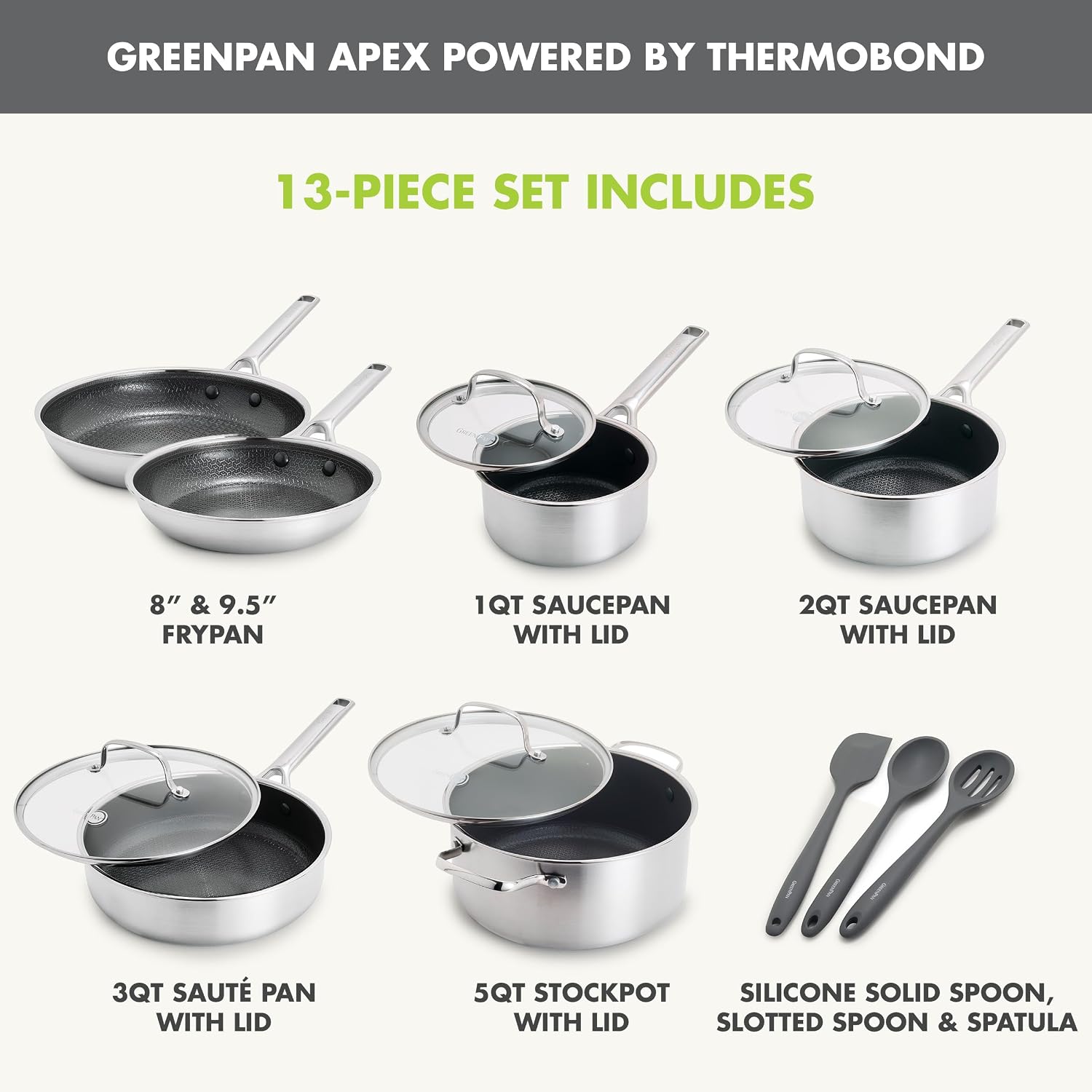 GreenPan Hybrid 13 Piece Nonstick Stainless Steel Cookware Set, APEX Tri-Ply Thermobond PFAS-Free Ceramic Pots & Pans, Induction & All Cooktop Compatible, Oven Temp to 850°F, Dishwasher Safe, Silver