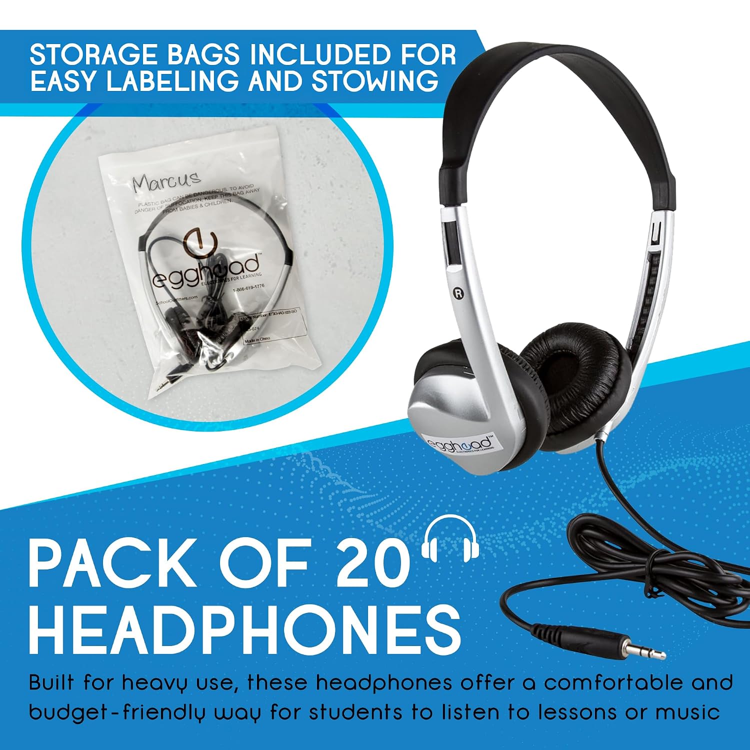 Egghead Stereo School Headphone W/Leatherette Ear Cushion (Pack of 20), black/silver
