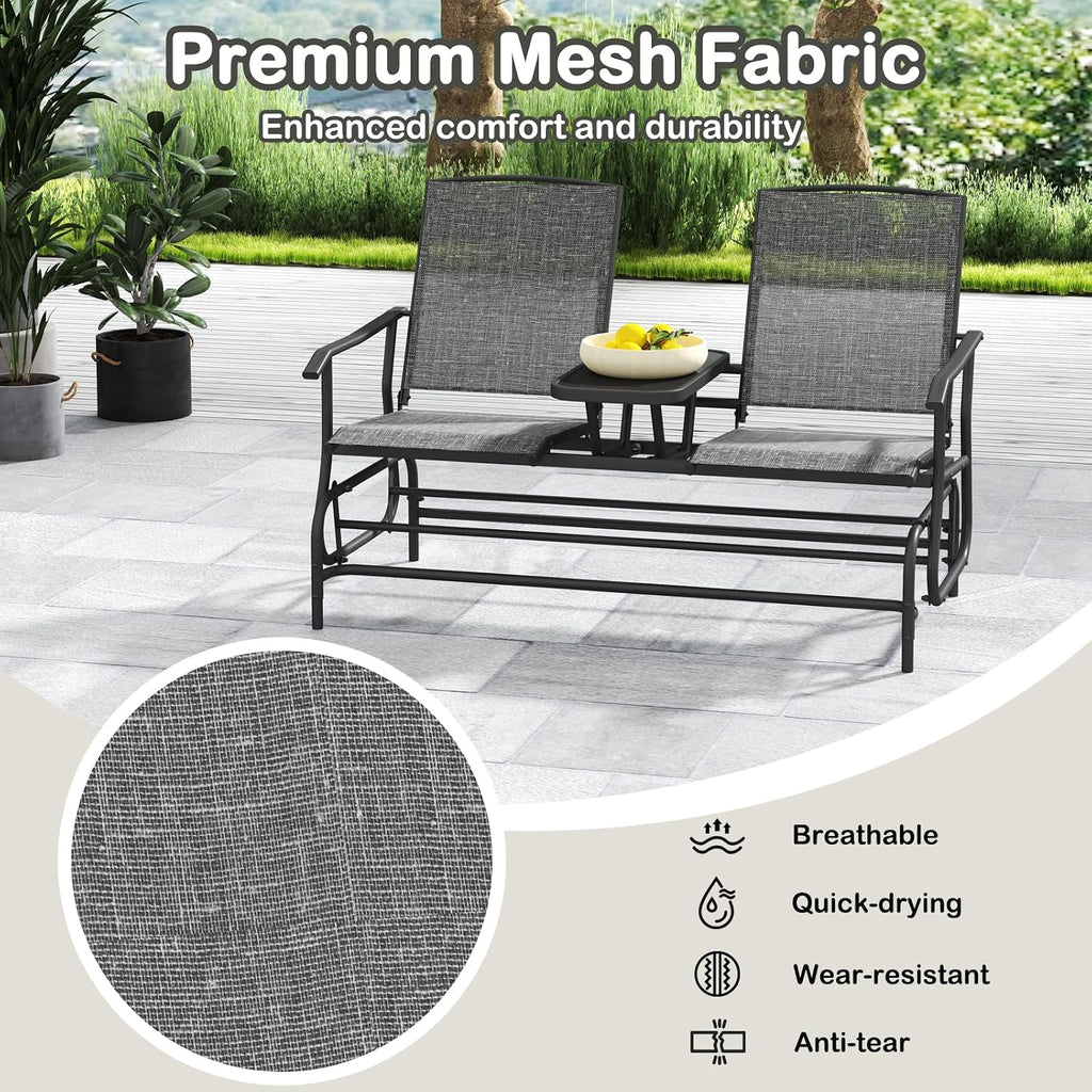 Tangkula 2 Person Swing Glider Chair, Patio Rocking Loveseat w/Center Tempered Glass Table, Outdoor Swing Bench w/Steel Frame & Breathable Mesh Fabric for Porch, Balcony, Poolside (Grey)