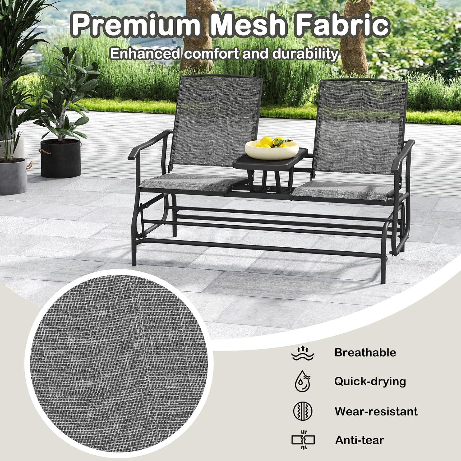 Tangkula 2 Person Swing Glider Chair, Patio Rocking Loveseat w/Center Tempered Glass Table, Outdoor Swing Bench w/Steel Frame & Breathable Mesh Fabric for Porch, Balcony, Poolside (Grey)