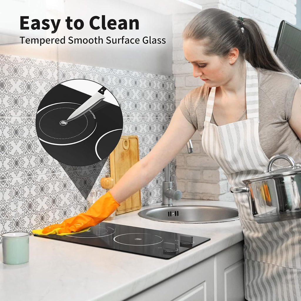 GIHETKUT Electric Cooktop,110V 2100W Stove top,Countertop and Built-in 2 burner cooktop,9-speed power, child safety lock, timer, knob and touch control 2 burner Electric cooktop