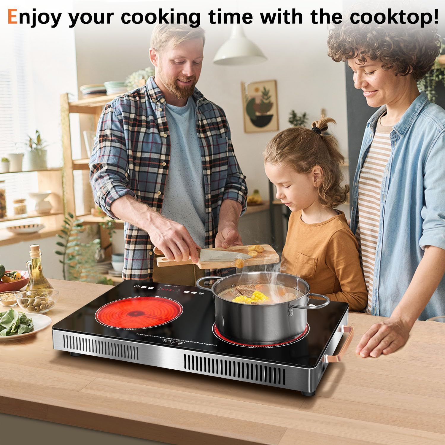 2 Burner Electric Cooktop 24 inch, 110-120V Plug in 2000W Ceramic Cooktop, Portable Electrics Stove with Handles,Touch & Knob Control, Safety Lock, 9 Heating Levels, 240Mins Timer, Overheat Protection