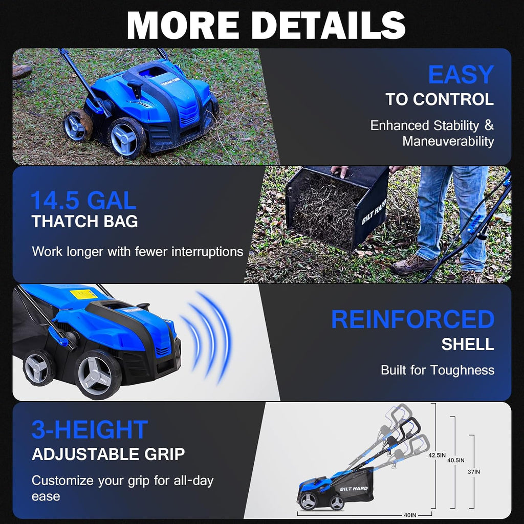 BILT HARD 16 Inch Dethatcher Scarifier Electric Powered, 15 Amp Copper Motor, 5-Position Depth Adjustment, 14.5 gal Thatch Bag, 2 in 1 Walk Behind Thatch Removing Machine for Lawn