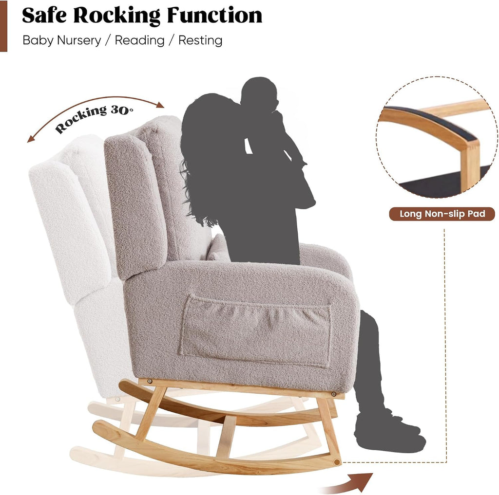 HCHAIRH Rocking Chair Nursery, Sherpa Nursing Rocking Chairs, Upholstered Nursery Glider Rocker for Mom Nursery Morden Accent Rocking Chair Pillow for Living Room,Bedroom,Teddy Light Grey