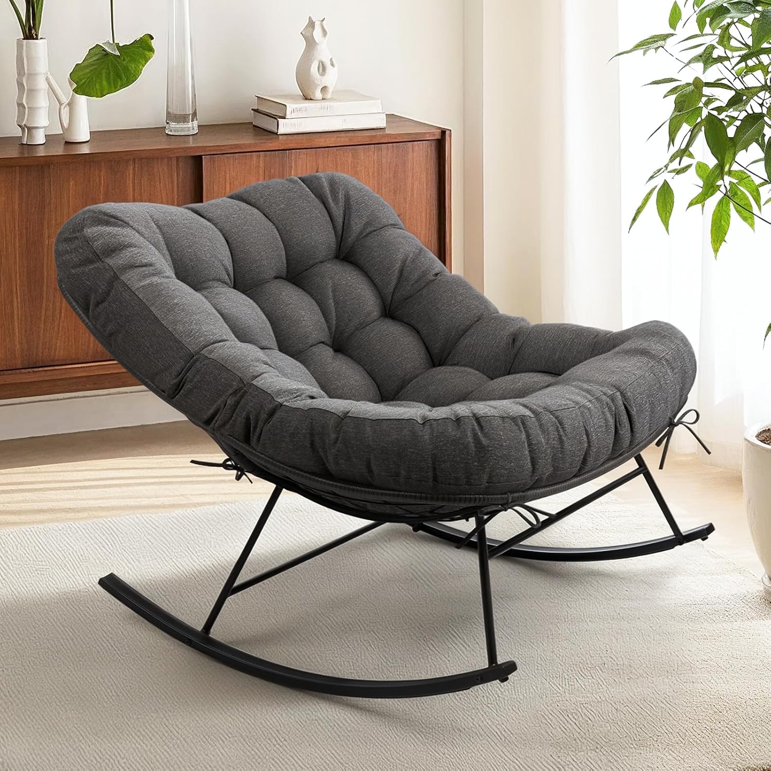 Bme Patio Rocking Chair Outdoor & Indoor, Metal Patio Lounge Rocking Chair with Thick Cushion, Comfy Modern Rocker Chair for Living Room, Porch, Backyard, Grey Cushion - Wood Texture Rocker