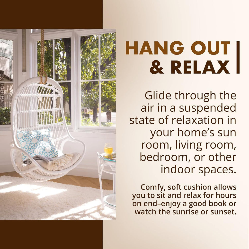 KOUBOO Hanging Rattan Swing Chair with Seat Cushion, Handwoven Natural Rattan Chair, Coastal Home Decor Furniture for Bedroom, Living Room, & Sun Room, White