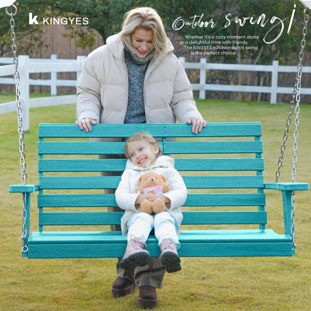 KINGYES Outdoor Hanging Porch Swing, 2 Seat Patio Swing Chair with Cup Holders, Waterproof Swing Chair Bench for Courtyard & Garden, 660LBS Weight Capacity, Aruba Blue