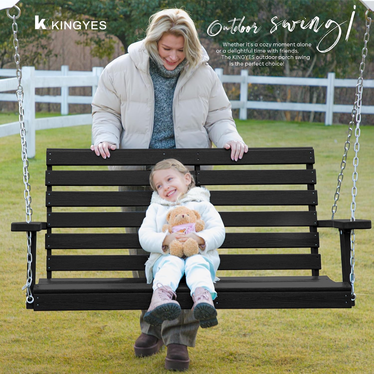 KINGYES Outdoor Patio Swing Set - 2 Seat Hanging Porch Swing with Cup Holders, Waterproof & 660LBS Weight Capacity, Black