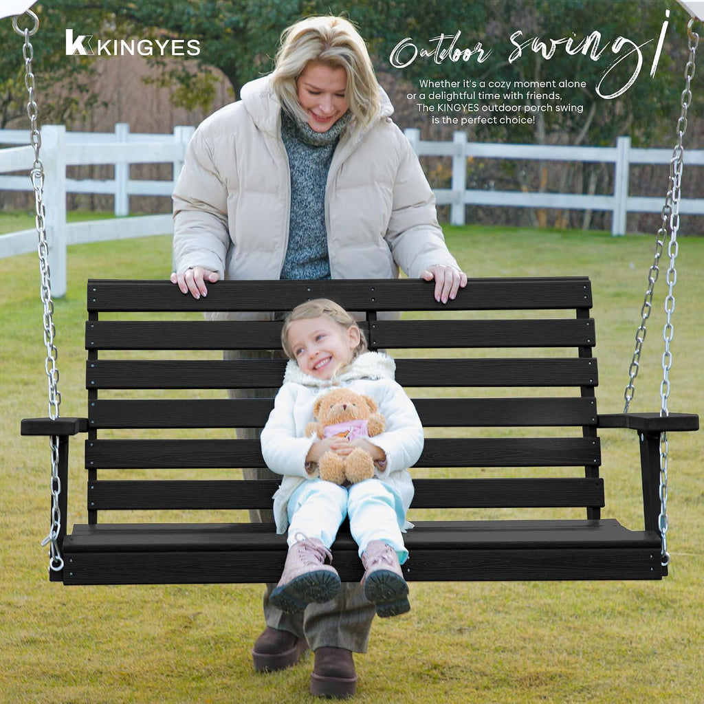 KINGYES Outdoor Hanging Patio Swing Chair, 2 Seat Swing with Cup Holders, Waterproof Bench for Courtyard & Garden, 660LBS Weight Capacity, Black