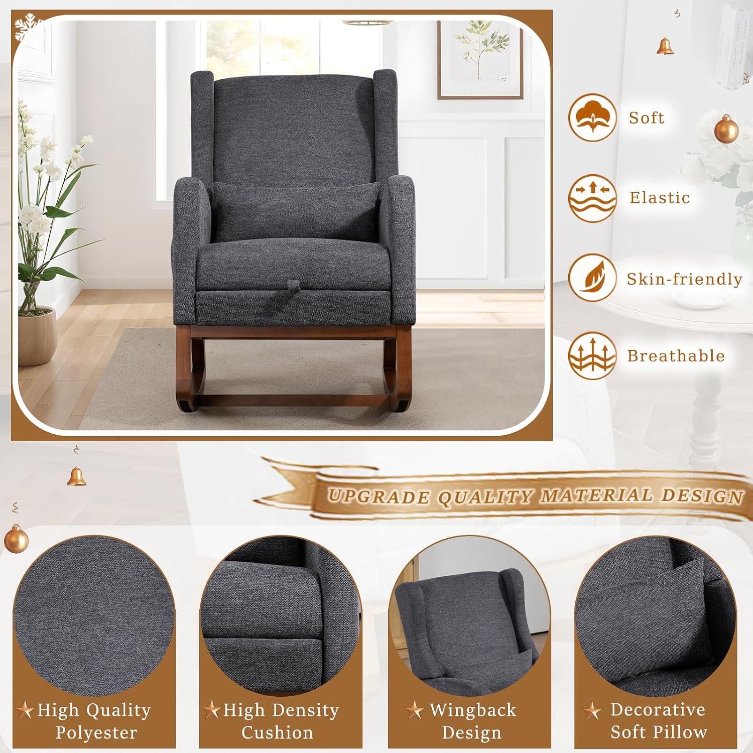 Modern Rocking Chair Nursery Glider, Comfy Rocker Nursery Chair with Foot Rest, Accent Reading Armchair with Pillow and Pocket, Upholstered Lounge Rocker with Solid Wood Base for Relaxing (Charcoal)