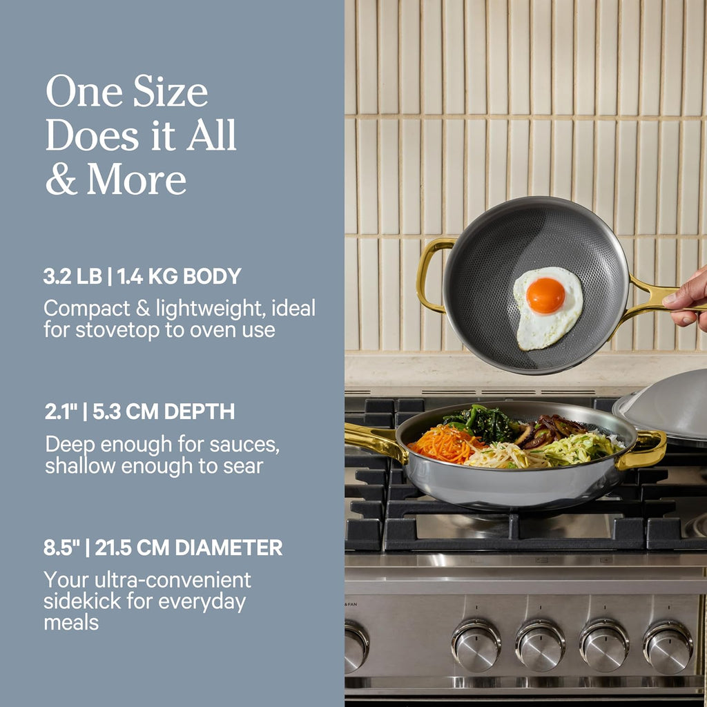 Our Place Titanium Always Pan Pro - 10.6' (2.8 Qt) No-Coating Nonstick Skillet | Tri-Ply Titanium & Stainless Steel | Safe for Oven, Induction & All Cooktops up to 750°F | Includes Spatula | Gold