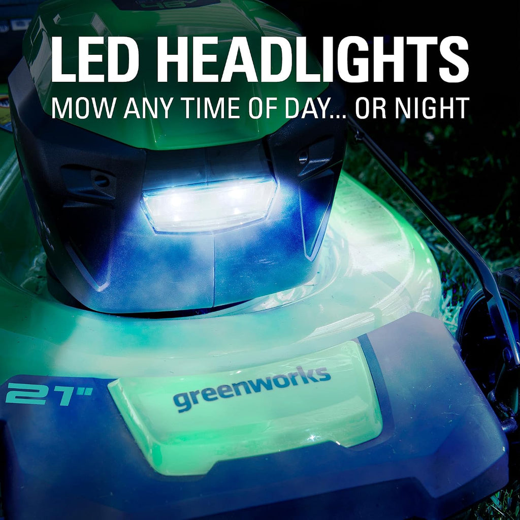 Greenworks 48V (24V x 2) 21' Brushless Cordless (Self-Propelled) Lawn Mower (LED Headlight), (2) 5.0Ah Batteries and Dual Port Rapid Charger Included (200+ Compatible Tools)