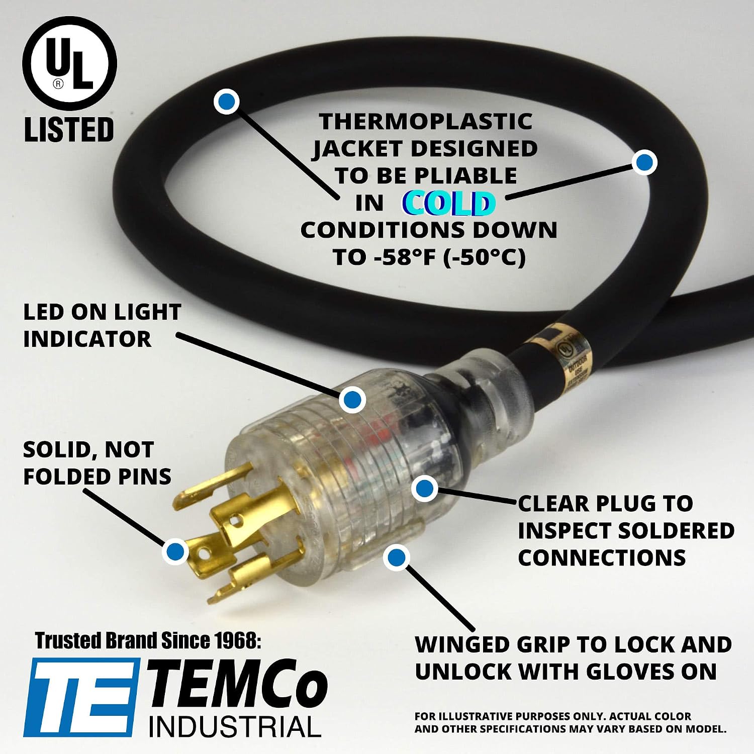 TEMCo 50 ft Extreme Cold Weather L14-30 Generator Extension Cord | 30 Amp 10 Gauge SJEOW with Lighted Plugs | Flexible to -58°F (-50°C) UL Listed - Black